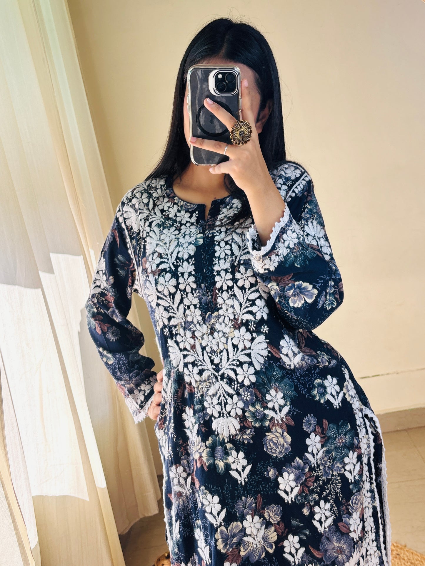 Saavi Dhoti–Top Set | Handcrafted Chikankari | Midnight Bloom