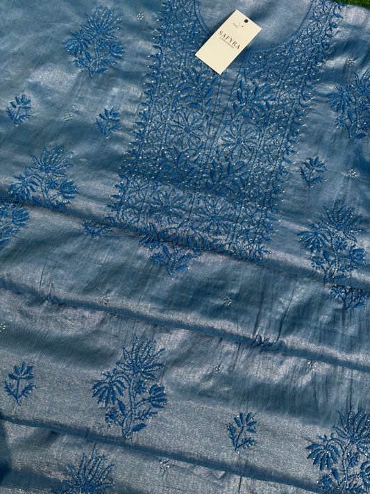 Luxury Silver Tissue × Handcrafted Chikankari (Unstitched Kurta-Dupatta Set)