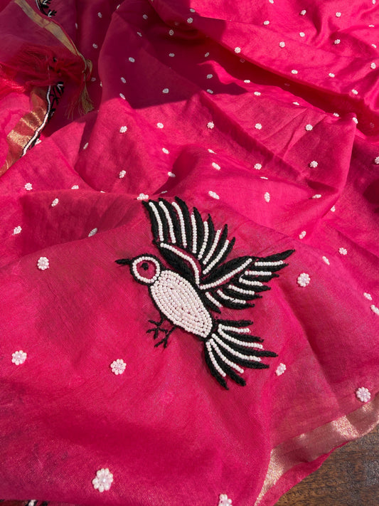 Pure Mul Chanderi Handcrafted Chikankari Set — Hot Pink
