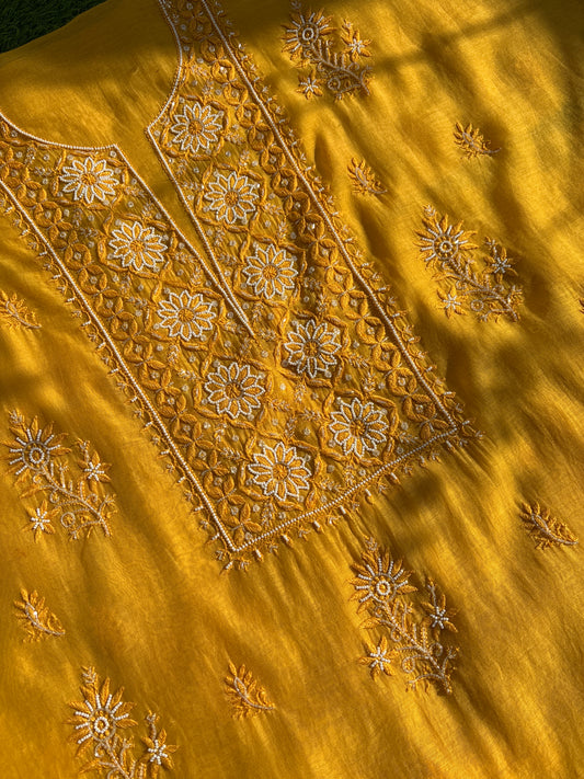 Pure Mul Chanderi – Mustard Yellow Unstitched Kurta + Dupatta Set