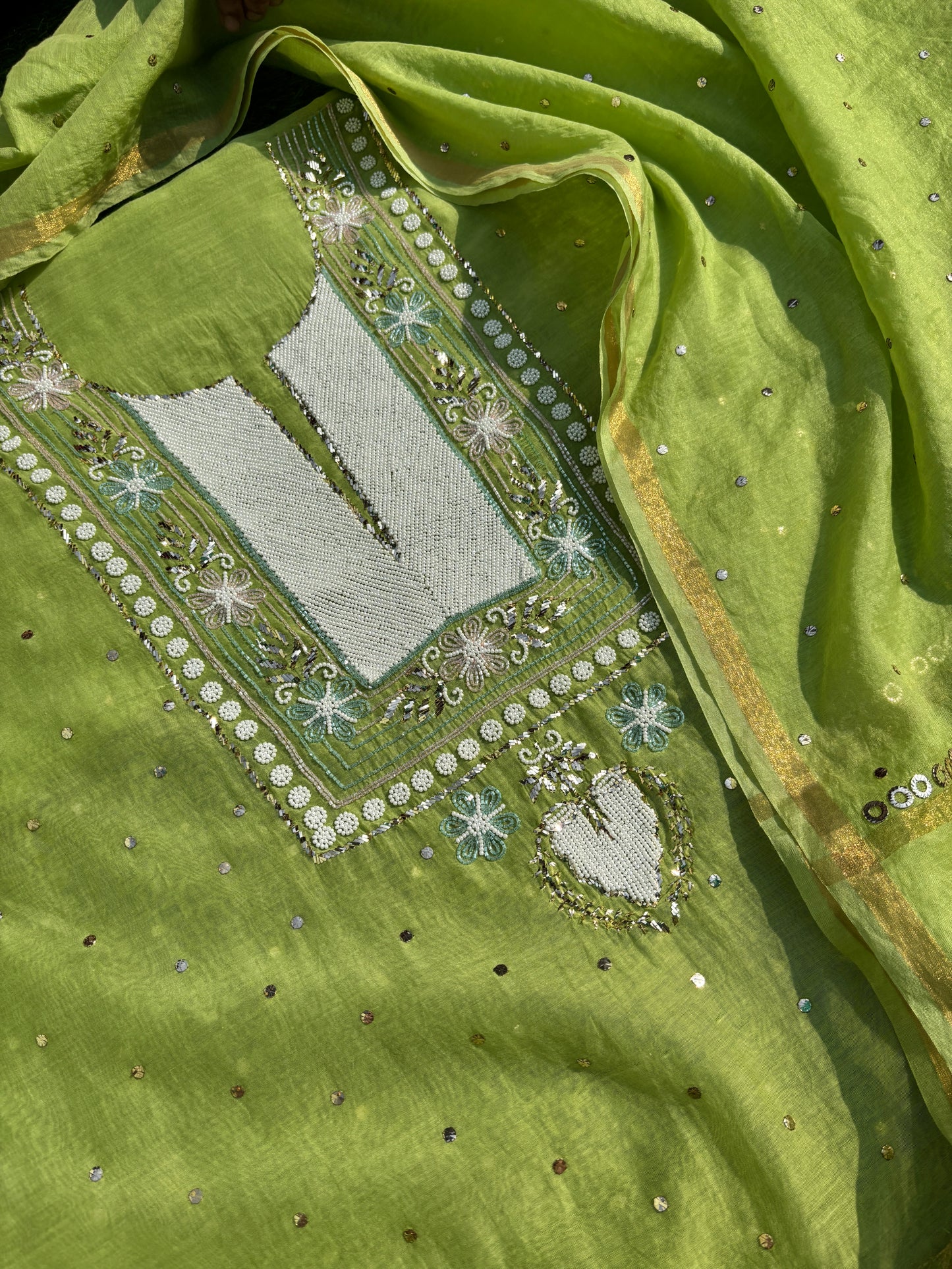 Pure Mul Chanderi Kurta Dupatta Set — Green Hue (Unstitched)