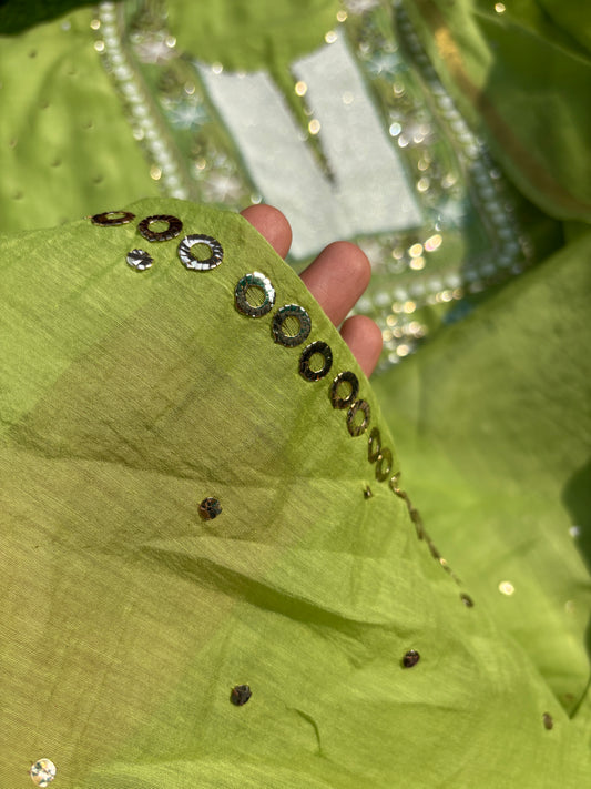 Pure Mul Chanderi Kurta Dupatta Set — Green Hue (Unstitched)