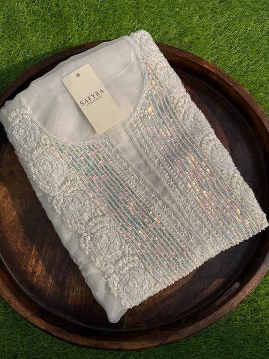 Handcrafted Chikankari Organza Kurta–Dupatta Set (Unstitched)