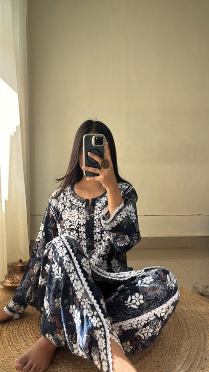 Saavi Dhoti–Top Set | Handcrafted Chikankari | Midnight Bloom