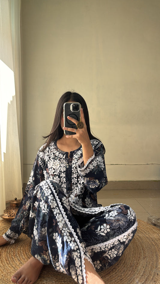 Saavi Dhoti–Top Set | Handcrafted Chikankari | Midnight Bloom