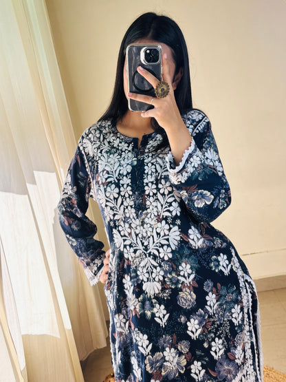 Saavi Dhoti–Top Set | Handcrafted Chikankari | Midnight Bloom