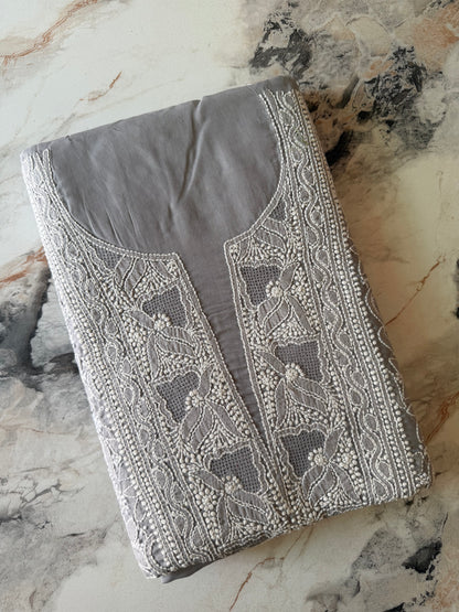 Authentic Lucknowi Chikankari Suit Set – Handcrafted Unstitched Kurta & Bottom