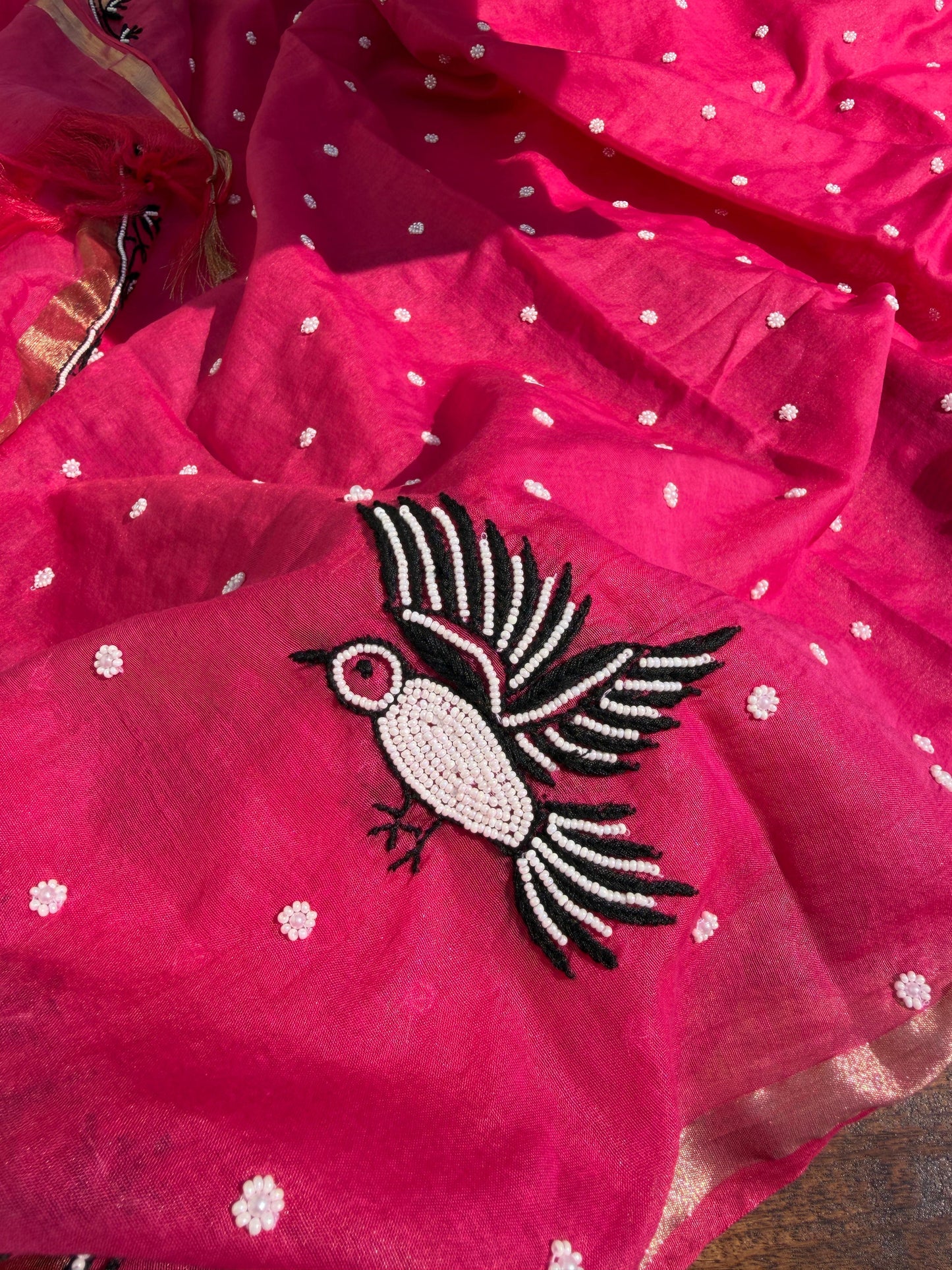 Pure Mul Chanderi Handcrafted Chikankari Set — Hot Pink