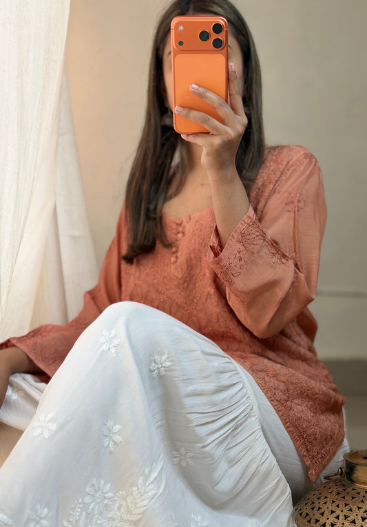 Handcrafted Chikankari Gharara with Floral Embroidery