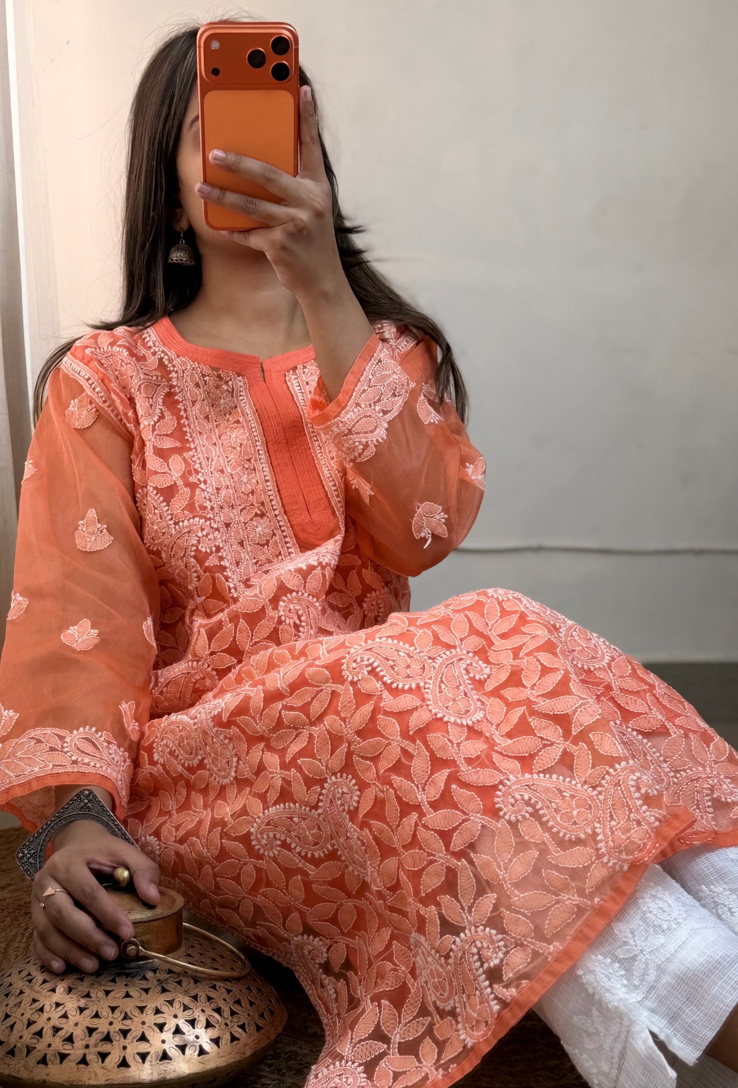 Vintage Charm – Organza Chikankari Kurta with Complimentary Inner