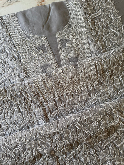 Authentic Lucknowi Chikankari Suit Set – Handcrafted Unstitched Kurta & Bottom