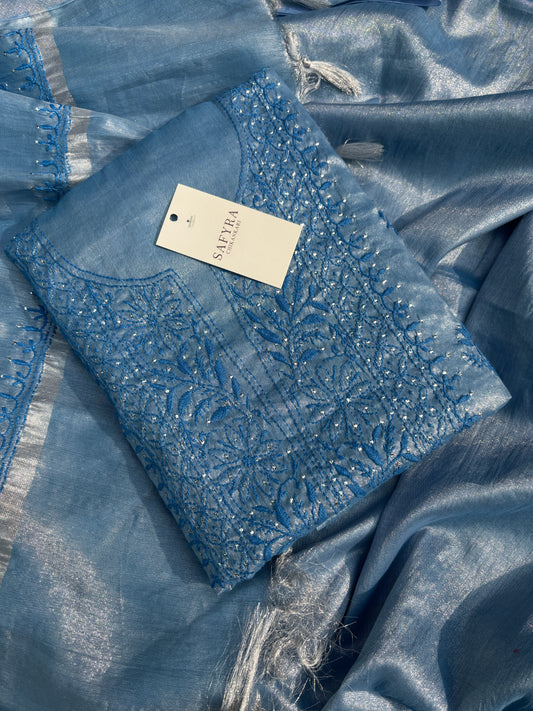 Luxury Silver Tissue × Handcrafted Chikankari (Unstitched Kurta-Dupatta Set)