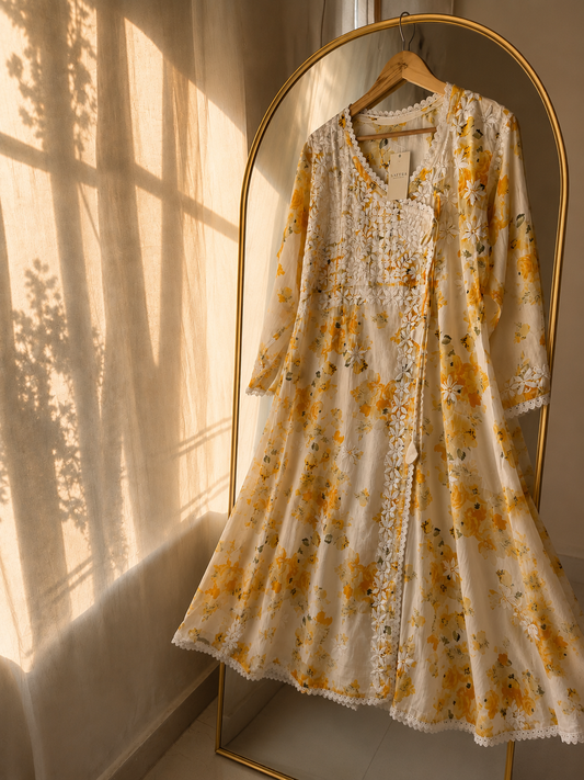 Summer Blossom – Pure Mul Cotton Chikankari Angrakha