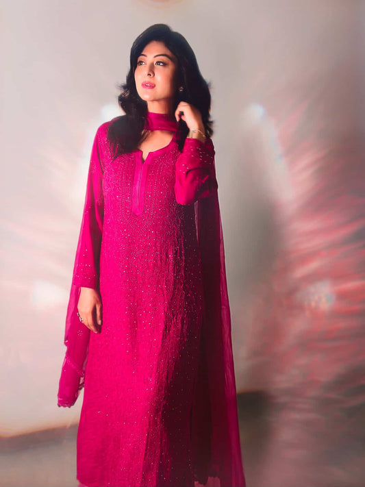 Nazakat – As Worn by Falaq Naaz  Luxury Hand-Embroidered Chikankari Set with Heavy Mukaish Work