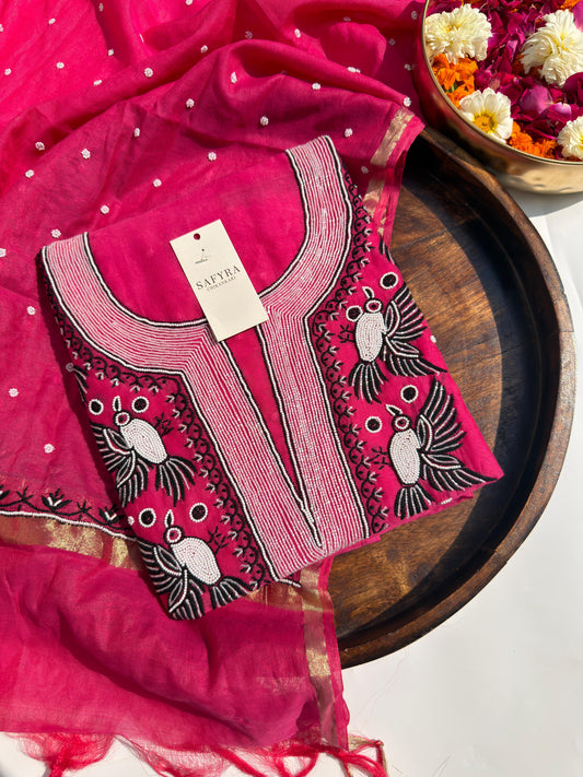 Pure Mul Chanderi Handcrafted Chikankari Set — Hot Pink