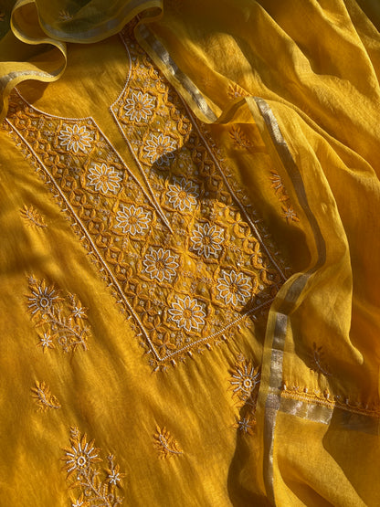 Pure Mul Chanderi – Mustard Yellow Unstitched Kurta + Dupatta Set
