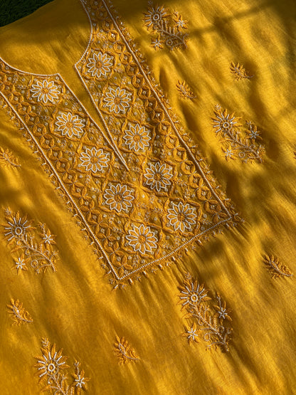 Pure Mul Chanderi – Mustard Yellow Unstitched Kurta + Dupatta Set