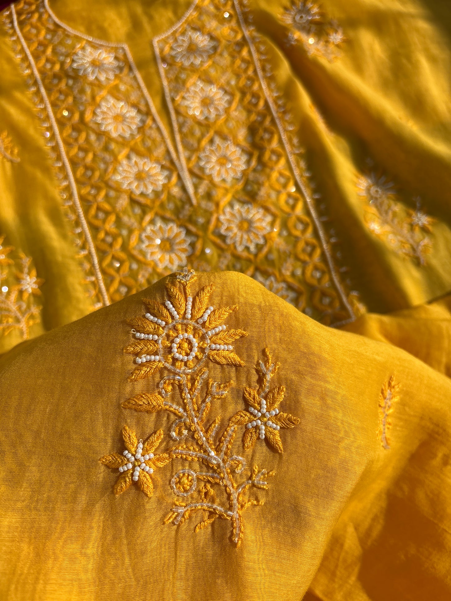 Pure Mul Chanderi – Mustard Yellow Unstitched Kurta + Dupatta Set