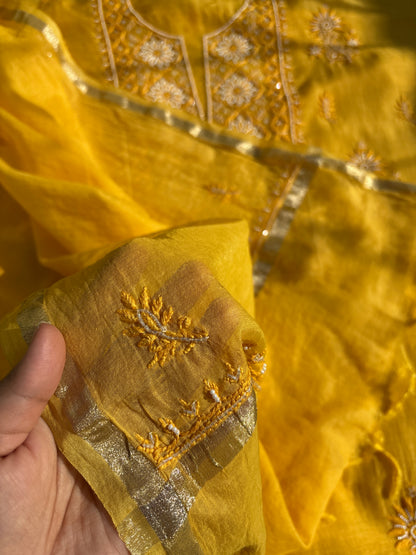 Pure Mul Chanderi – Mustard Yellow Unstitched Kurta + Dupatta Set