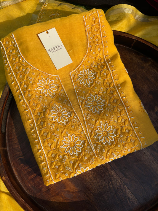 Pure Mul Chanderi – Mustard Yellow Unstitched Kurta + Dupatta Set