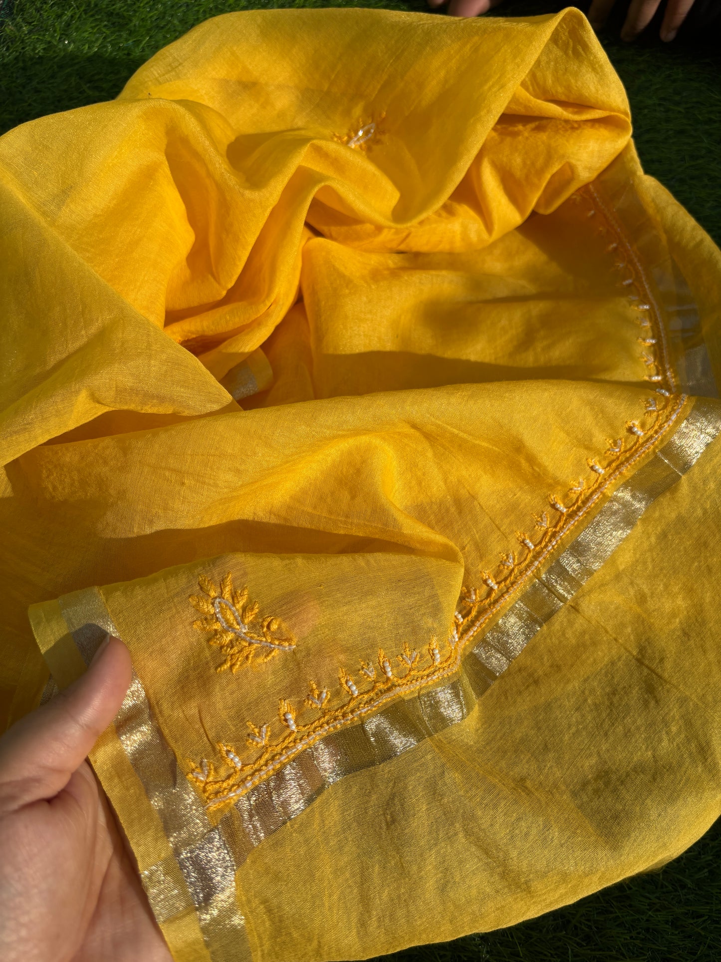 Pure Mul Chanderi – Mustard Yellow Unstitched Kurta + Dupatta Set