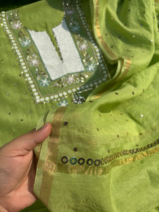 Pure Mul Chanderi Kurta Dupatta Set — Green Hue (Unstitched)