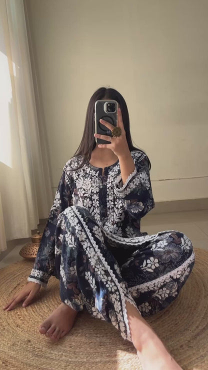 Saavi Dhoti–Top Set | Handcrafted Chikankari | Midnight Bloom