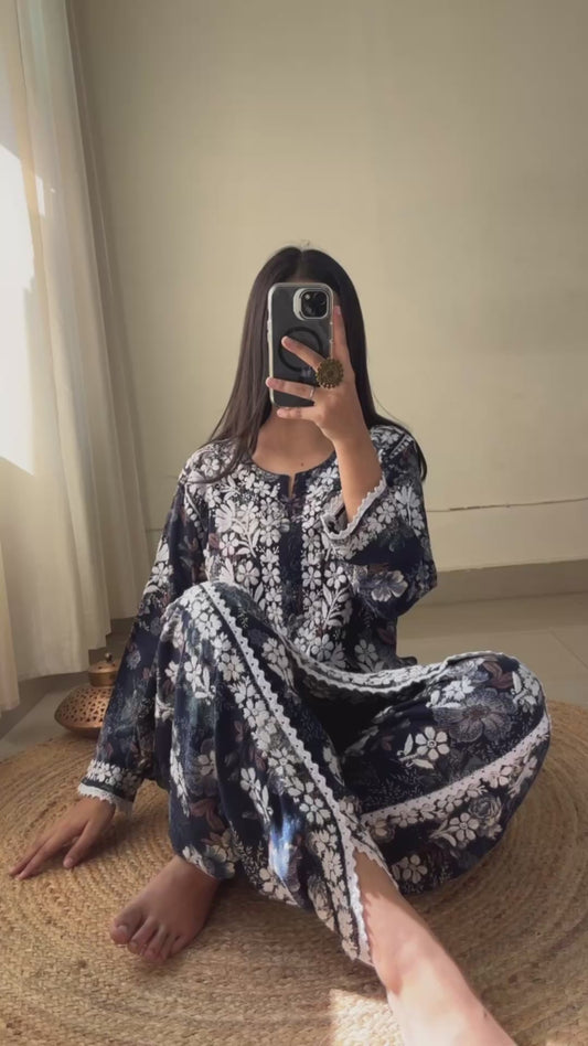 Saavi Dhoti–Top Set | Handcrafted Chikankari | Midnight Bloom